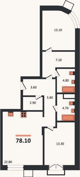 Планировка: 2-к, 78,1 м²