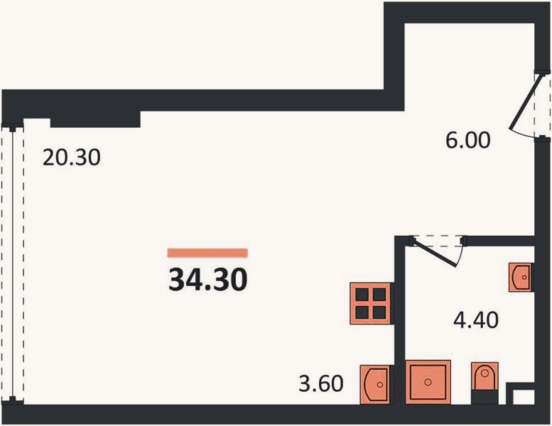 Планировка: Студия, 34,3 м²