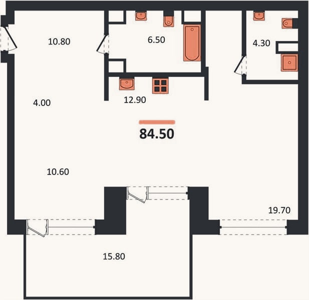 Планировка: 2-к, 84,5 м²