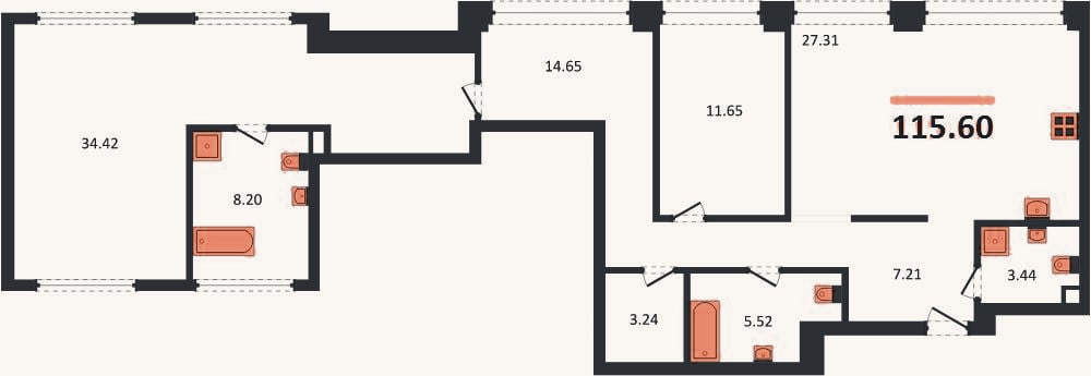 Планировка: 2-к, 115,6 м²