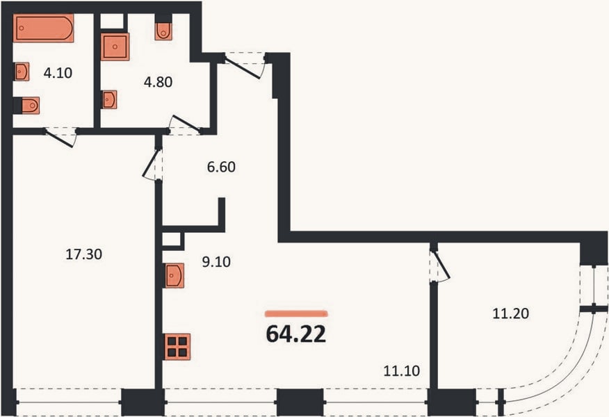 Планировка: 2-к, 64,2 м²