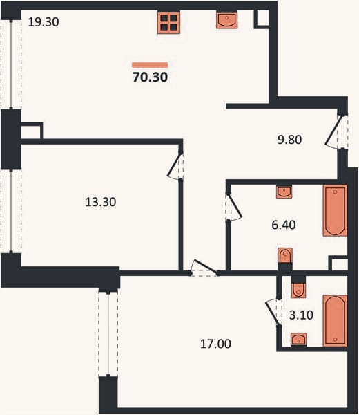 Планировка: 2-к, 70,3 м²