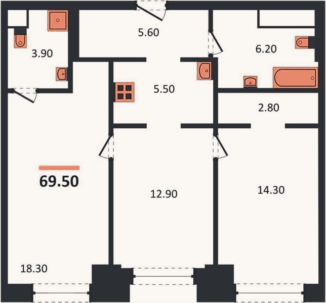 Планировка: 2-к, 69,5 м²