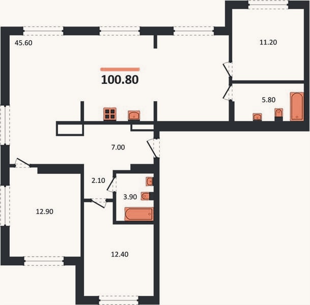 Планировка: 3-к, 100,8 м²