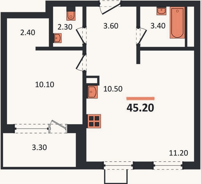Планировка: 2-к, 45,2 м²