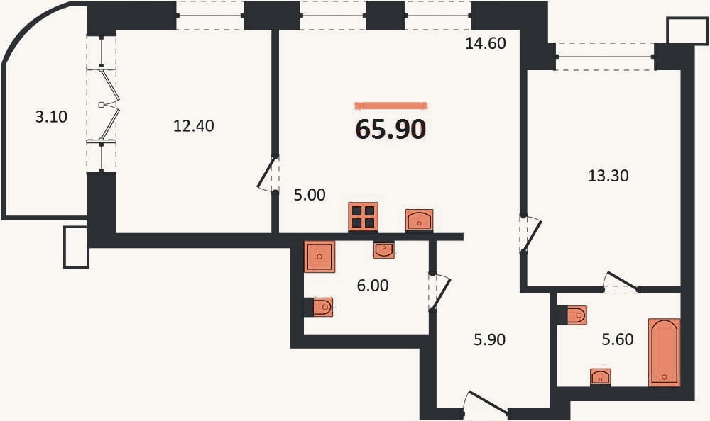 Планировка: 2-к, 65,9 м²
