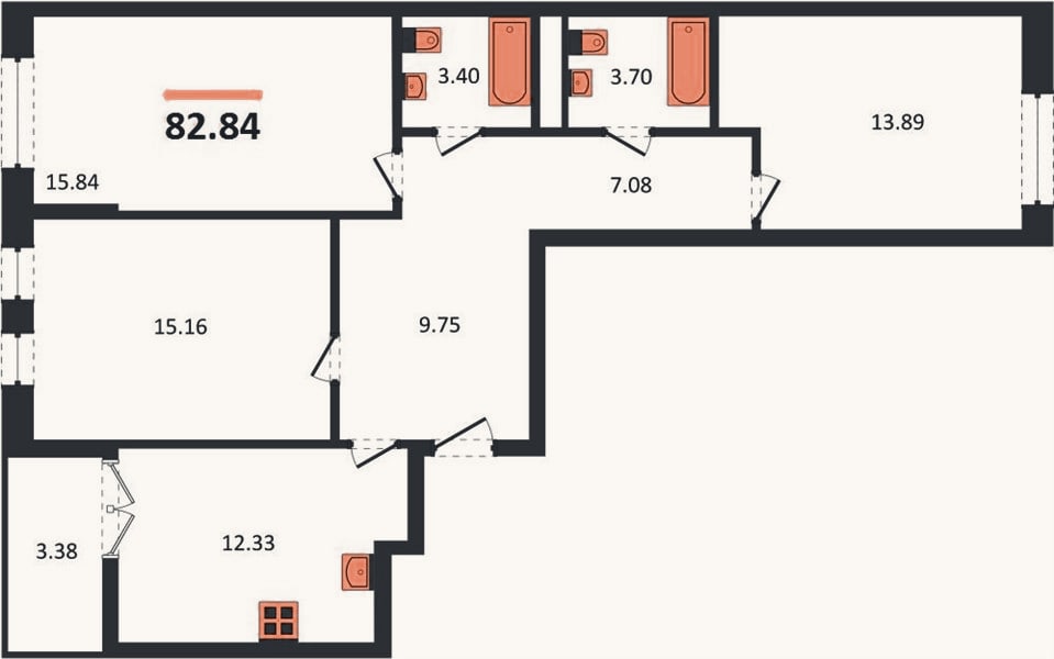 Планировка: 3-к, 82,8 м²