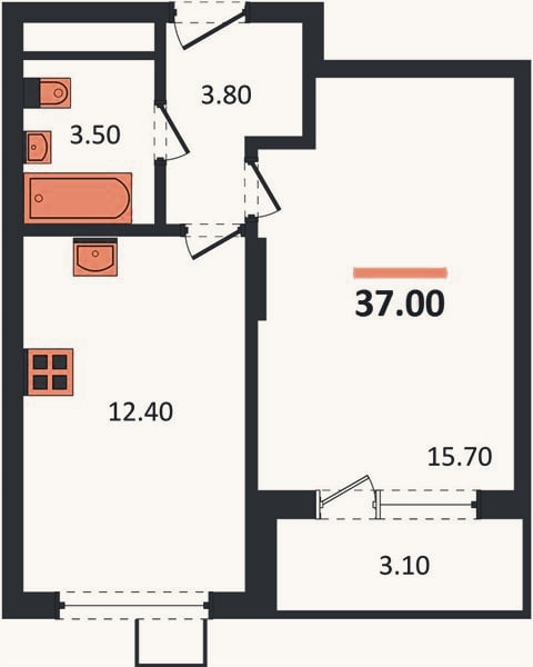 Планировка: 1-к, 37 м²