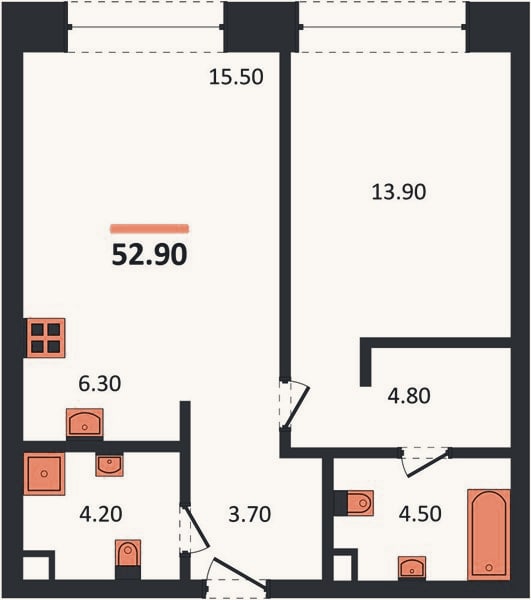 Планировка: 1-к, 52,9 м²