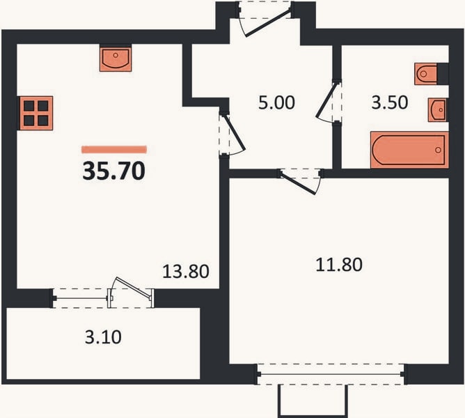Планировка: 1-к, 35,7 м²