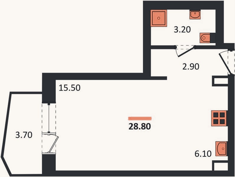 Планировка: Студия, 28,8 м²