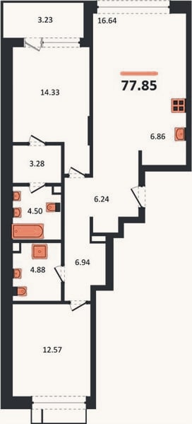 Планировка: 2-к, 77,9 м²