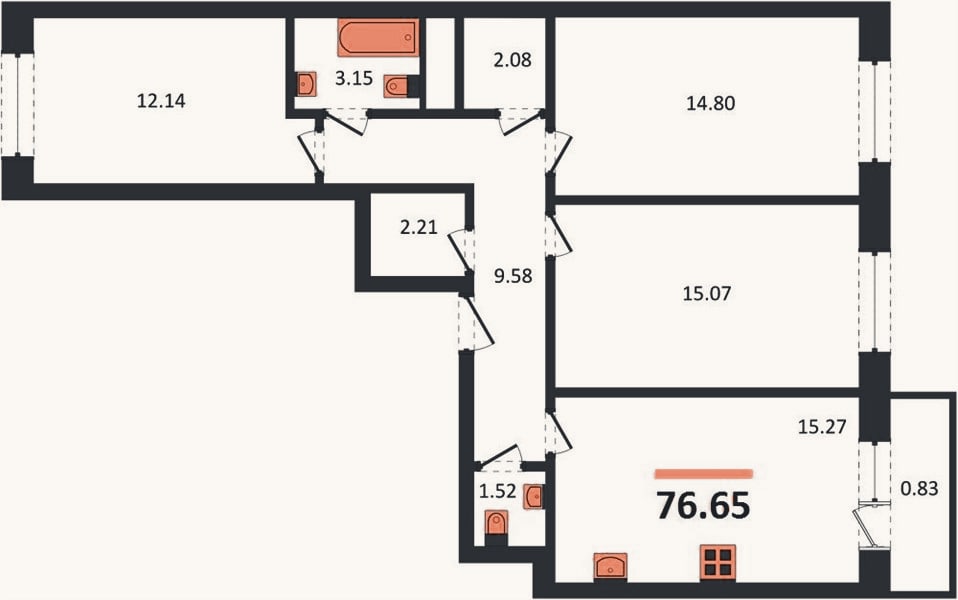Планировка: 3-к, 76,7 м²