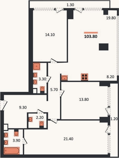 Планировка: 3-к, 103,8 м²