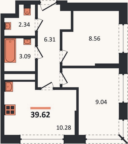 Планировка: 2-к, 39,6 м²