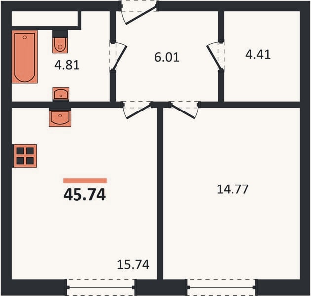 Планировка: 1-к, 45,7 м²