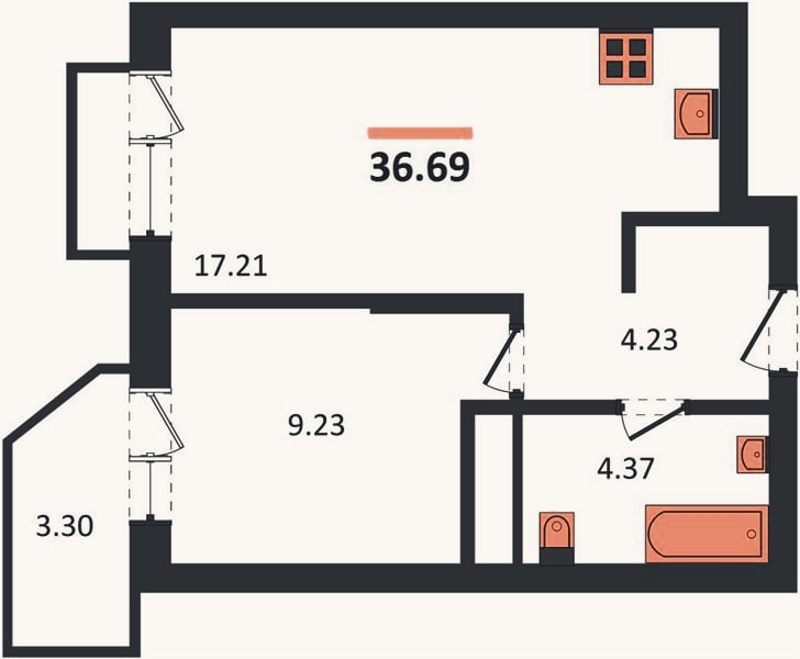 Планировка: 1-к, 36,7 м²