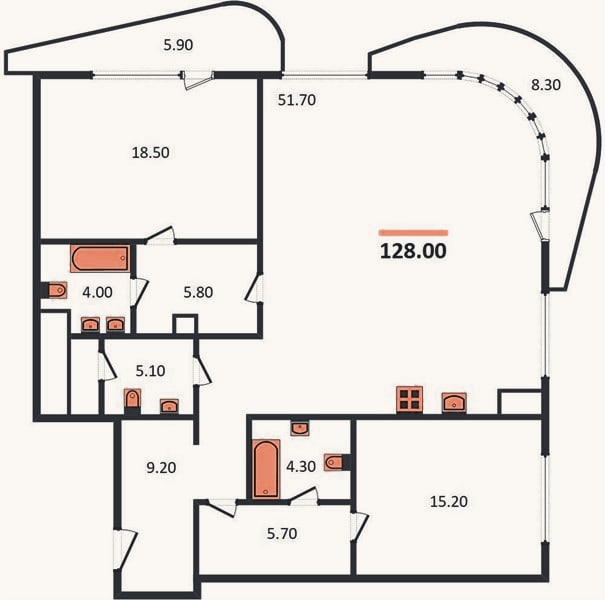 Планировка: 2-к, 128 м²