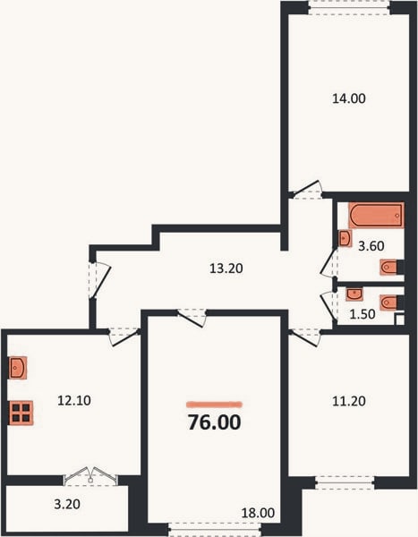 Планировка: 3-к, 76 м²