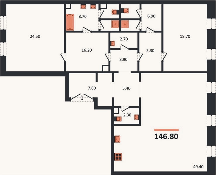 Планировка: 2-к, 146,8 м²
