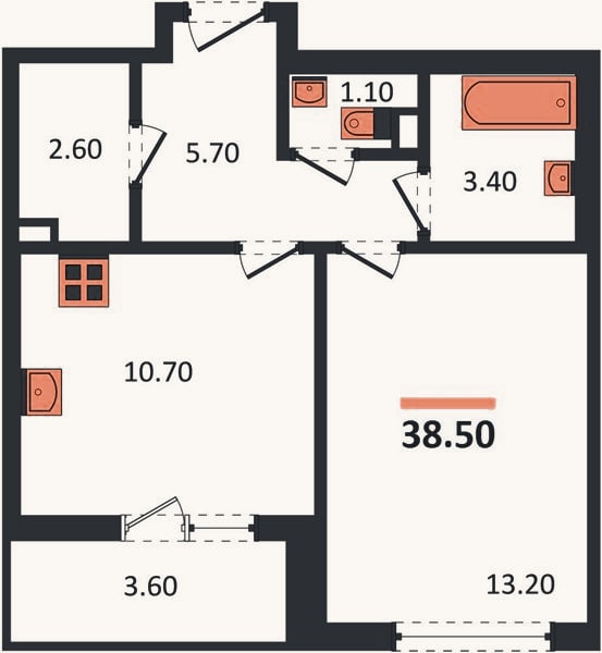 Планировка: 1-к, 38,5 м²