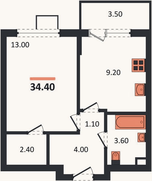 Планировка: 1-к, 34,4 м²