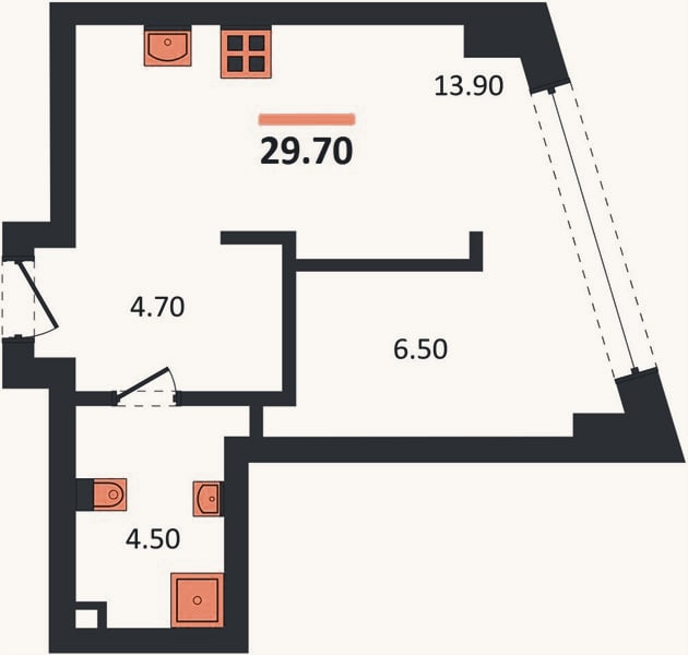 Планировка: 1-к, 29,7 м²