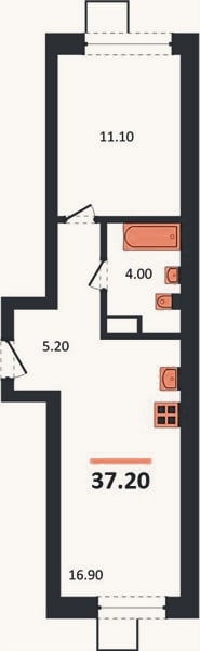 Планировка: 1-к, 37,2 м²