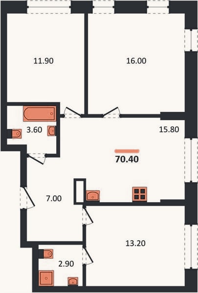 Планировка: 3-к, 70,4 м²