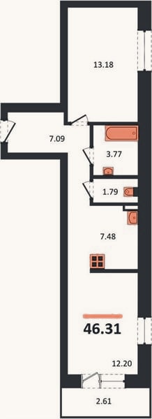 Планировка: 1-к, 45,5 м²
