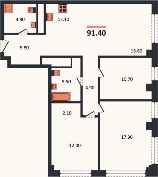 Планировка: 3-к, 91,4 м²