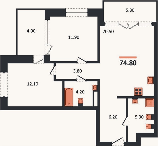 Планировка: 2-к, 74,8 м²