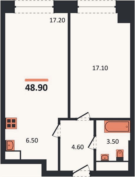 Планировка: 1-к, 48,9 м²