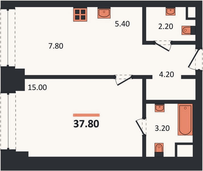 Планировка: 1-к, 37,8 м²