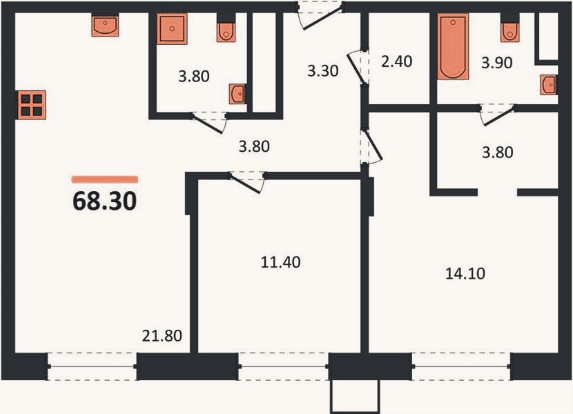 Планировка: 2-к, 68,3 м²