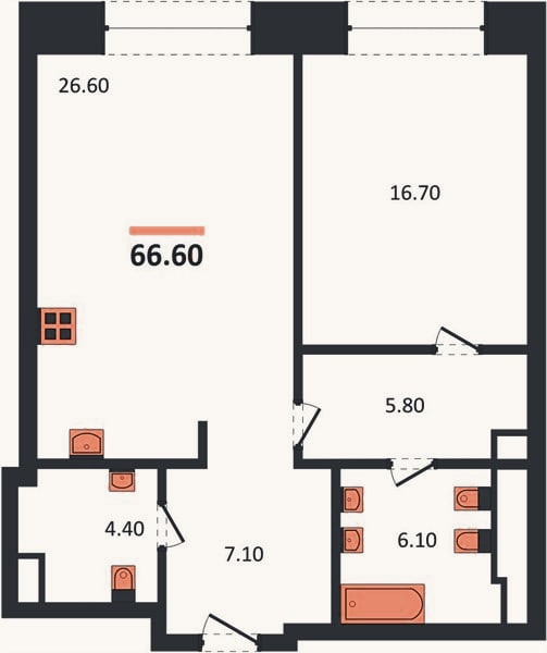 Планировка: 1-к, 67,2 м²