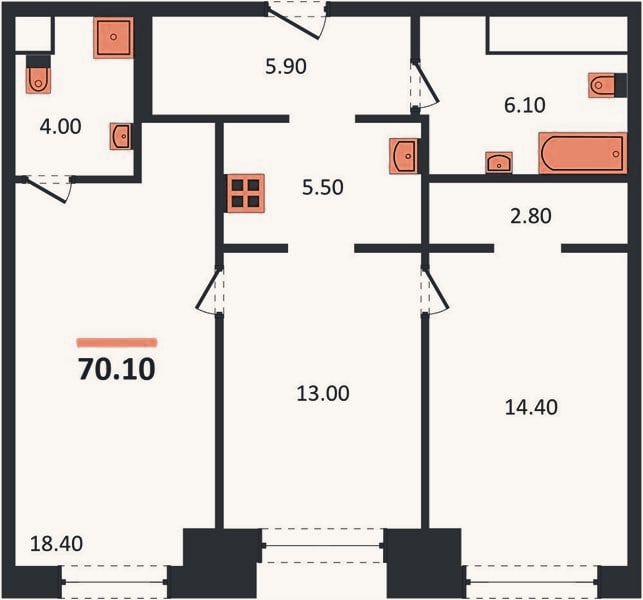 Планировка: 2-к, 70,1 м²