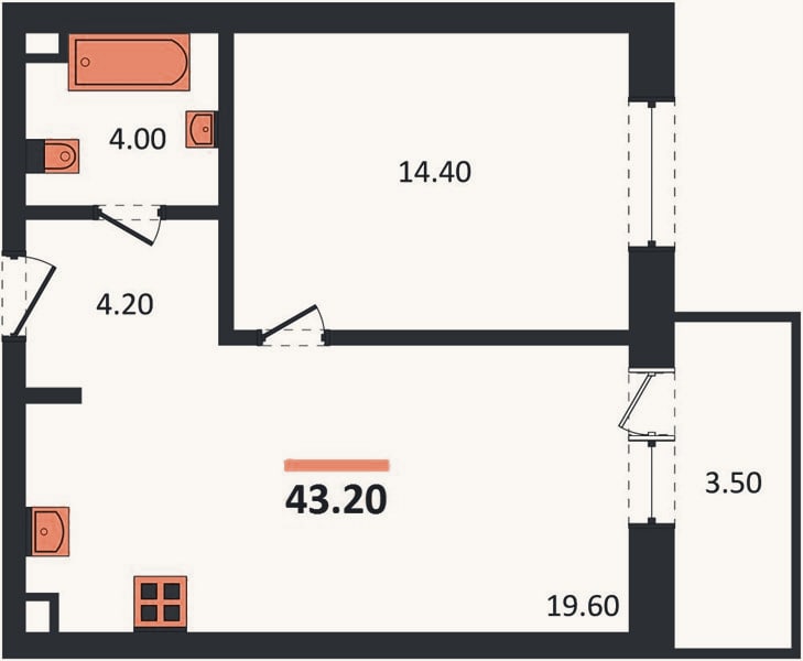 Планировка: 1-к, 43,1 м²