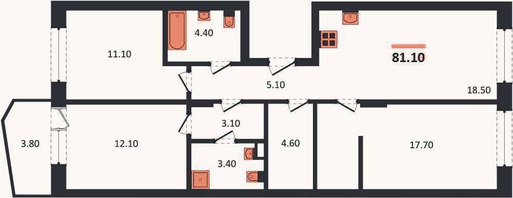 Планировка: 3-к, 81,1 м²