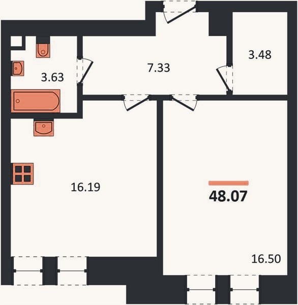 Планировка: 1-к, 48,1 м²