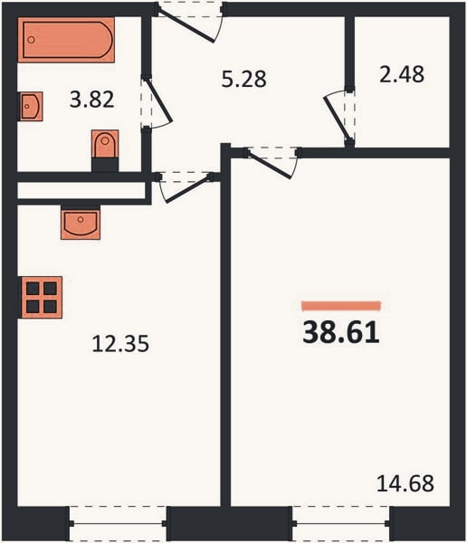 Планировка: 1-к, 38,6 м²