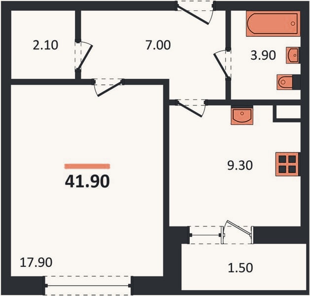 Планировка: 1-к, 41,9 м²