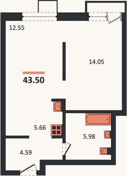 Планировка: 1-к, 43,5 м²