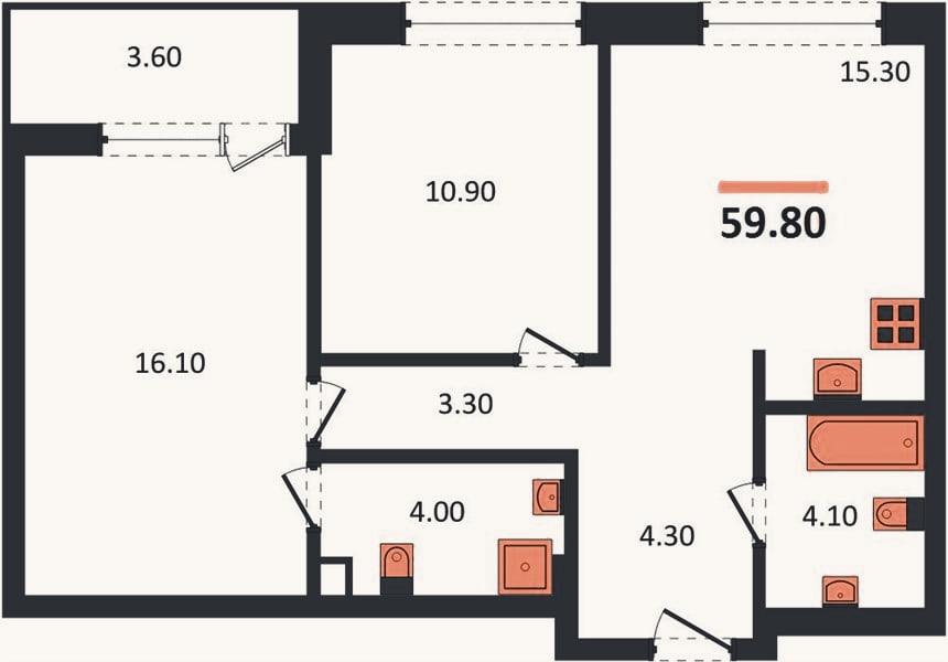 Планировка: 2-к, 59,8 м²