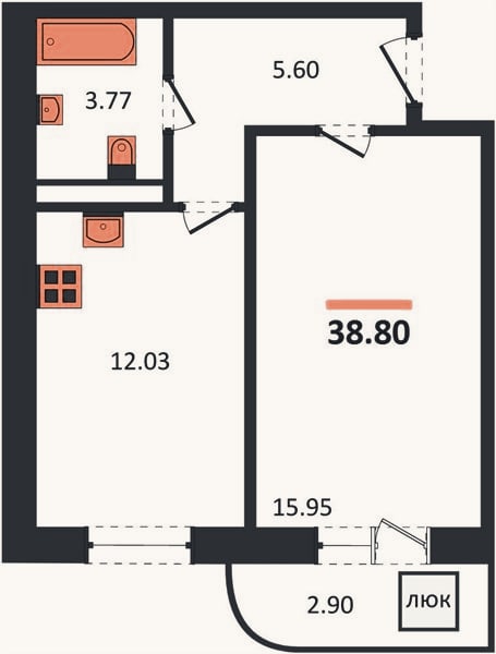 Планировка: 1-к, 38,8 м²