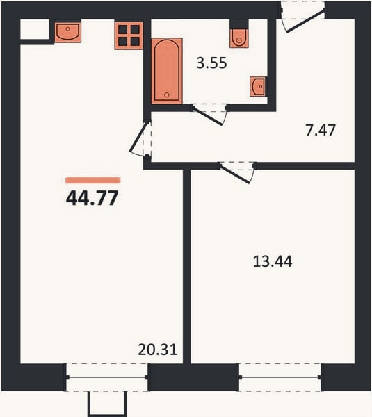 Планировка: 1-к, 44,8 м²