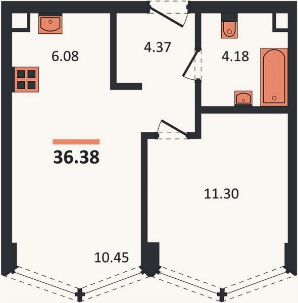 Планировка: 1-к, 36,4 м²