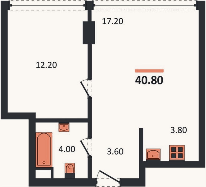 Планировка: 1-к, 40,8 м²
