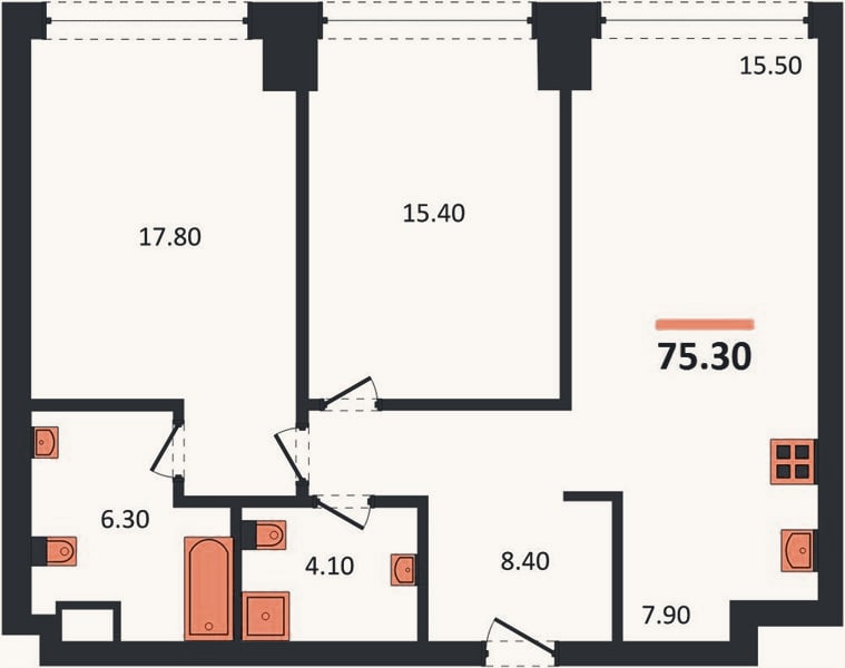 Планировка: 2-к, 75,3 м²
