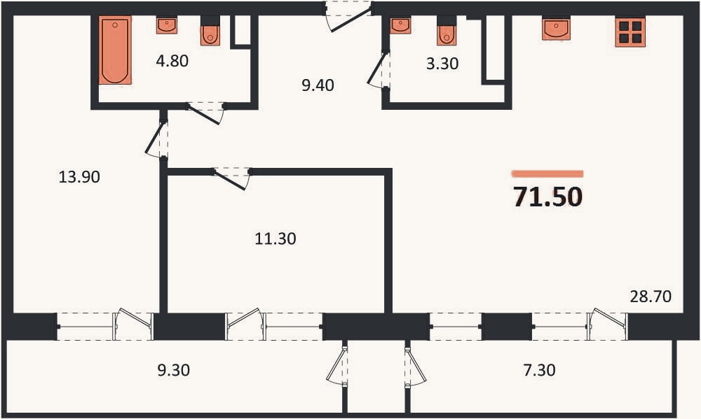 Планировка: 2-к, 71,5 м²